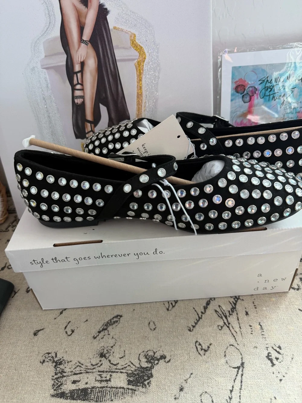 New Ballet Flats with rhinestone Studs and Ankle Strap